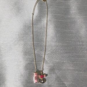 Letter 'S' and Bottled Charm Pendant Necklace. Gold/Pink